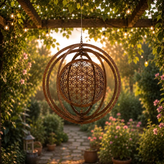 Rustic Metal Wind Spinner Flower of Life Decor, Outdoor Wind Spinner, Hanging Garden Decor, Boho Garden Art, Metal Spiral Decor