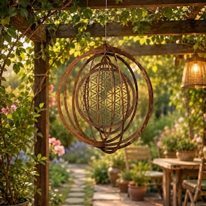 Rustic Metal Wind Spinner Flower of Life Decor, Outdoor Wind Spinner, Hanging Garden Decor, Boho Garden Art, Metal Spiral Decor image 3