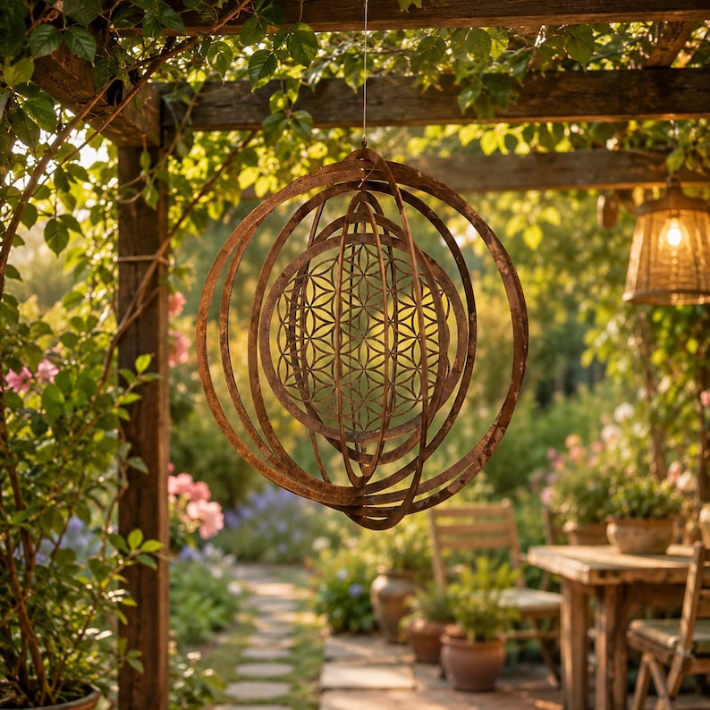 Rustic Metal Wind Spinner Flower of Life Decor, Outdoor Wind Spinner, Hanging Garden Decor, Boho Garden Art, Metal Spiral Decor image 3