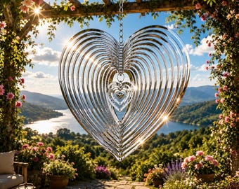 Heart Wind Spinner, Stainless Steel Wind Spinner, 3D Rotating Heart Decor, Kinetic Garden Art, Hanging Outdoor Ornament, Patio Yard Decor