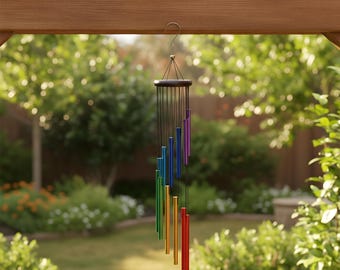 Large Rainbow Wind Chime Outdoor 12 Tube, Deep Tone Aluminum Garden Decor