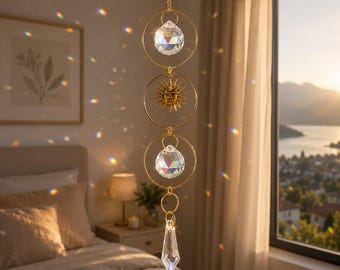 Crystal Suncatcher Rainbow Prism Window Hanging Wind Chime Sun Ornament Boho Garden Decor Celestial Gift Modern Patio Art Meditation Zen DIY