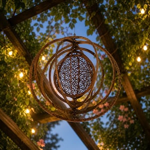 May include: A spherical hanging ornament constructed from multiple intersecting brown metal rings. The center features a flat, circular disc with a laser-cut geometric flower of life pattern. The structure is suspended by a thin wire.