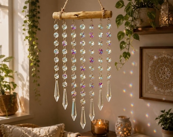 Apanhador de Sol de Cristal, Sino dos Ventos com Prisma Arco-Íris, Decoração para Janela, Ornamento de Jardim, Estilo Boho, Contas de Madeira, Presente para Pátio, Inspirado na Natureza, para Ambientes Externos