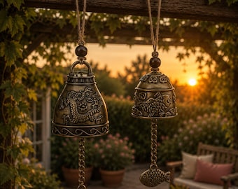 Temple Wind Bell, Chinese Dragon Bell, Feng Shui Hanging Decor, Zen Meditation Ornament, Asian Wall Art, Antique Bronze Fish Charm, Zen Gift