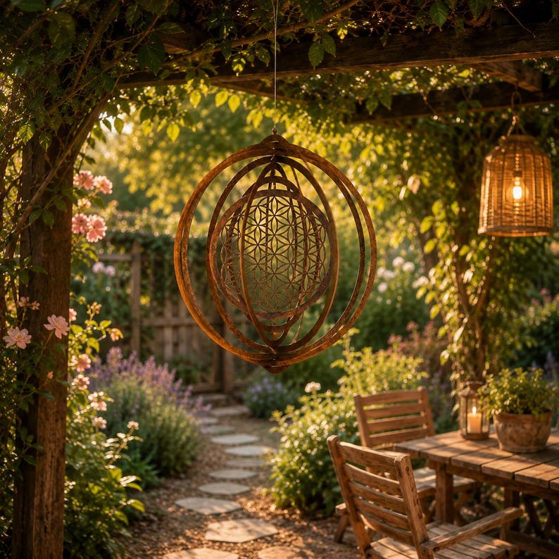 May include: A spherical metal wind spinner featuring a central geometric flower of life pattern encased within multiple concentric rings. The object is constructed from dark, weathered metal and hangs suspended by a thin wire in an outdoor setting.