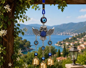 Owl Wind Chime Evil Eye Nazar Hanging Bell Metal Garden Decor Outdoor Wall Hanging Blue Lucky Charm Turkish Greek Protection Decor Spiritual