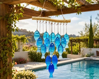 Blue Glass Fish Wind Chime Coastal Beach Hanging Decor Nautical Garden Ornament Outdoor Patio Balcony Ocean Home Gift Seaside Suncatcher Zen