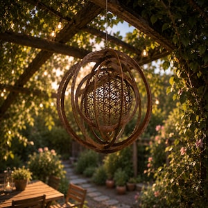 May include: A spherical hanging ornament constructed from multiple intersecting metal rings with a weathered brown finish. At the center of the rings is a detailed, intricate metal sphere featuring a geometric flower of life pattern.