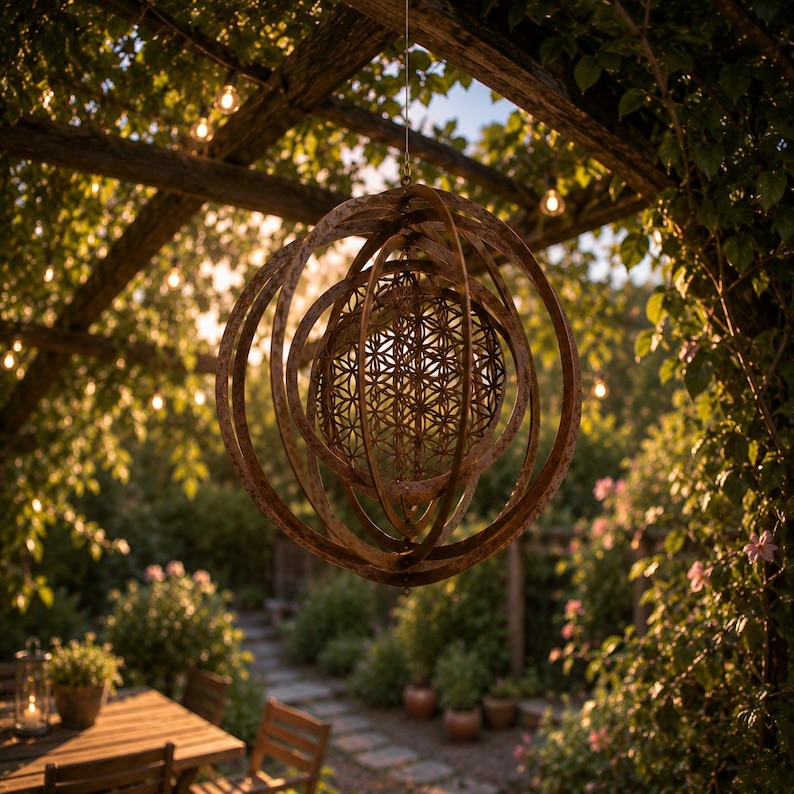 May include: A spherical hanging ornament constructed from multiple intersecting metal rings with a weathered brown finish. At the center of the rings is a detailed, intricate metal sphere featuring a geometric flower of life pattern.
