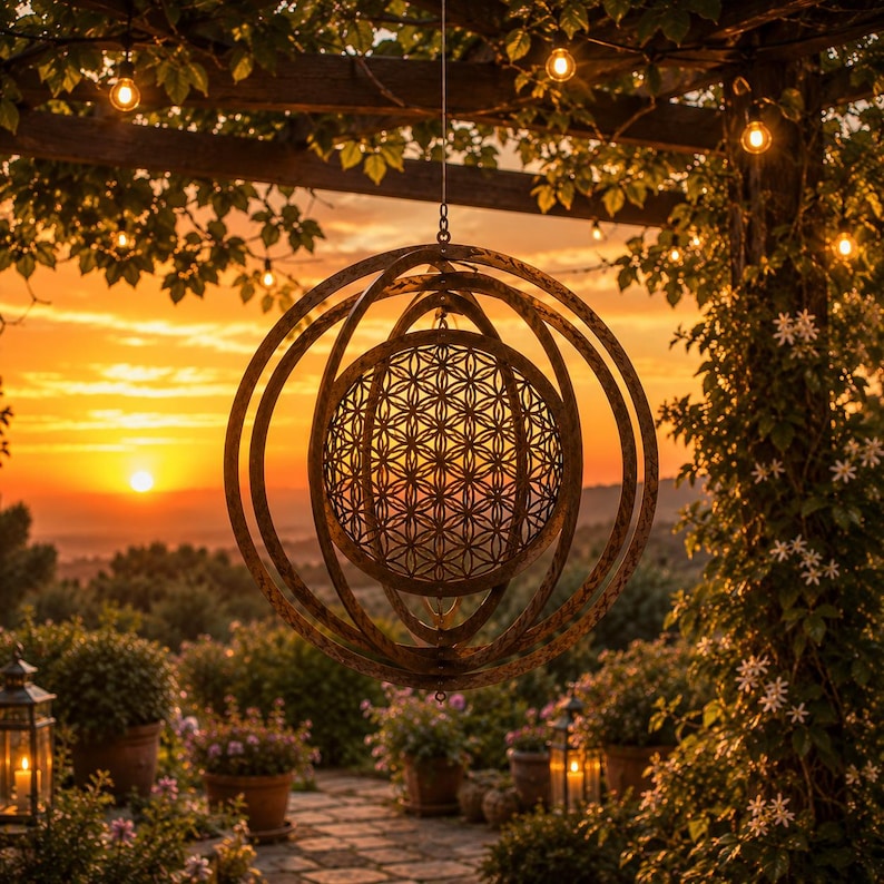 May include: A hanging metal sphere sculpture featuring an intricate laser-cut flower of life geometric pattern within concentric rings. The bronze-toned object is suspended by a thin wire, showcasing a detailed circular lattice design.