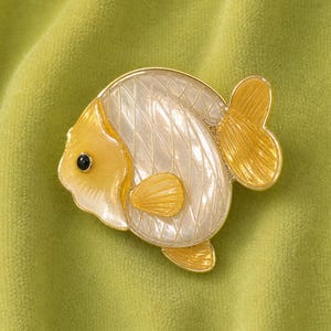 Gold Fish Brooch, Translucent Shell Style Fish Pin, Ocean Animal Jewelry