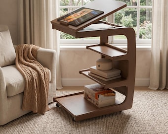 Modern Solid Wood Side Table with Storage & Wheels, Adjustable Lift Top Sofa Table, Minimalist Bedside Table, Mobile Coffee Table