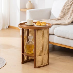 Rattan Side Table Round Sofa Table with Storage Shelf, Wicker Bedside Table, Small Coffee Table, Boho Balcony Table, Living Room End Table