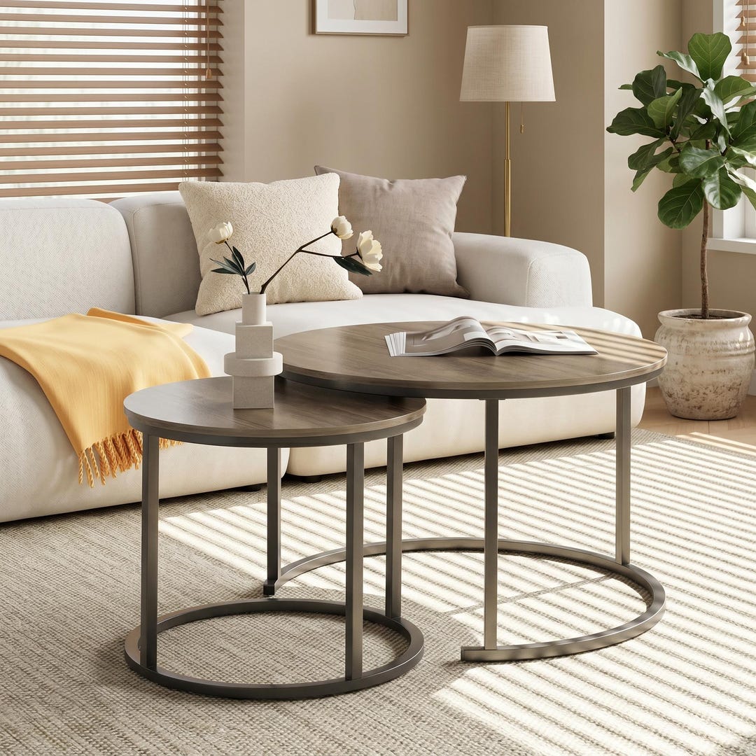 Round Nesting Coffee Table Set of 2, Modern Wood Look Side Tables ...