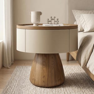 Round Solid Wood Nightstand, Leather Drawer, Minimalist Bedside Table Storage