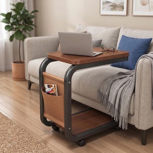 C Shaped Sofa Side Table with Wheels, Mobile Coffee Table with Storage Pocket, Modern Rolling End Table for Couch