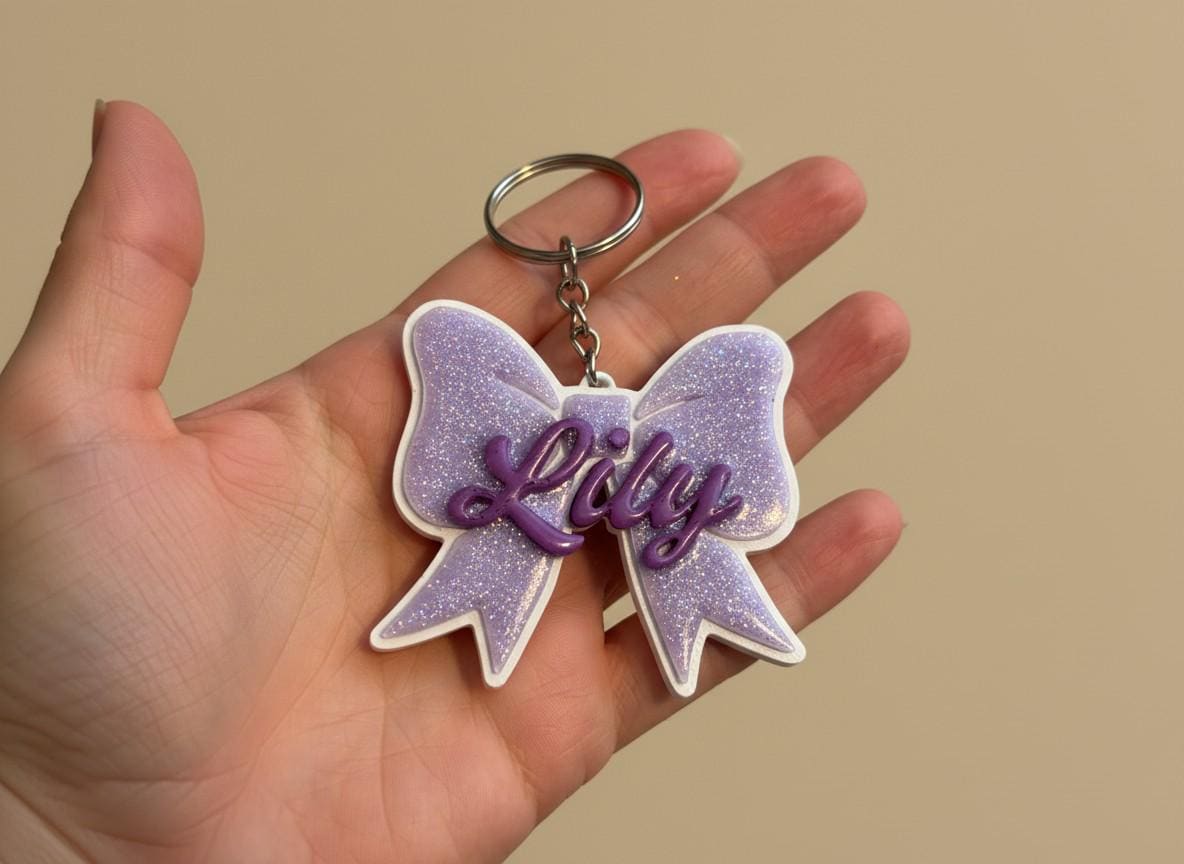 Custom Keychain, Personalized Bow Bag Charm, Glitter Name Ribbon Purse Accessory, Cute Gift for Girls and Women, Back to School Gift