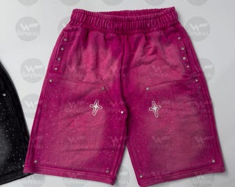 Oversized Cotton Fleece Shorts: Sun-fade Wash, Custom Rhinestone Detail, Y2K Streetwear