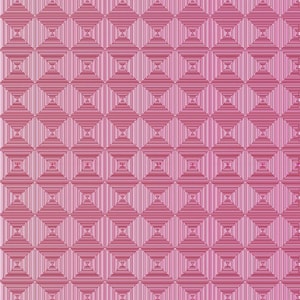May include: A repeating pattern of pink and light pink geometric shapes. The design features squares within squares, creating a three-dimensional effect. Vertical lines fill the spaces between the squares.