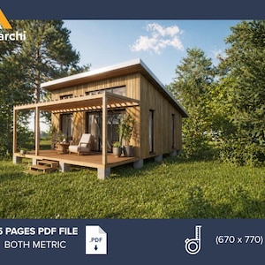 Peut inclure: Une cabane en bois moderne avec une pergola, située dans un espace herbeux entouré d'arbres. La cabane a un toit de couleur claire et une terrasse avec une chaise et une petite table. Le texte "Maderarchi" et "15 PAGES PDF FILE BOTH METRIC" est inclus.