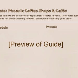 May include: A preview of a guide to coffee shops and cafes in Greater Phoenix, Arizona. The text includes "Greater Phoenix Coffee Shops & Cafés", "Scottsdale", "Phoenix", and "Preview of Guide".
