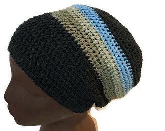 Organic Cotton Hat - Vegan Dread Tam - Baggie Beanie - Lightweight Dreadlock Hat - Blue Striped Hat - Small Size Tam