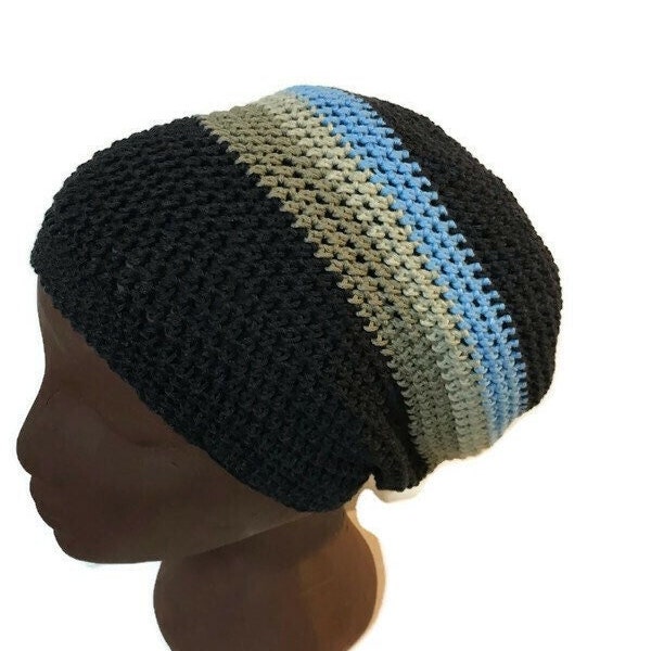 Organic Cotton Hat - Vegan Dread Tam - Baggie Beanie - Lightweight Dreadlock Hat - Blue Striped Hat - Small Size Tam