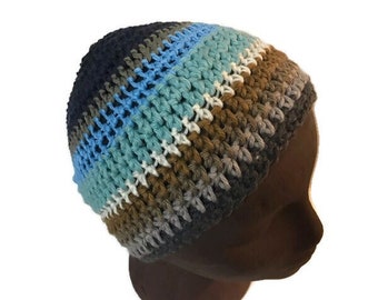 Organic Cotton Hat - Ocean and Beach Colour Inspo - Made from Yarn Scraps - No Waste Eco Tam - Crochet Beanie - Earth Conscious Wear