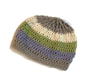 Organic Baby Hat 6 to 12 Months - Vegan Cotton - Grey Trim with LIlac, Green and White Stripe - Baby Hat - Eco Baby Hat - Soft Cozy