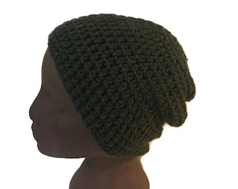 Dark Green Organic Cotton Hat - Crochet Tuque - Eco Handmade Sustainable Clothing - Soft Forest Green Beanie - Winter Hat