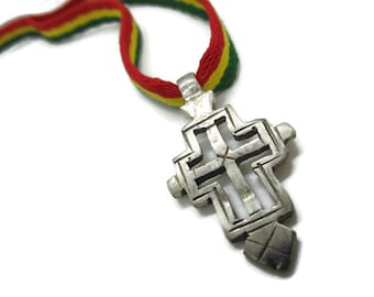 Ethiopian Cross Pendant Necklace - Rasta Necklace - Rastafari Jewelry - Red Gold and Green Cord - Cross Pendant Handmade in Ethiopian