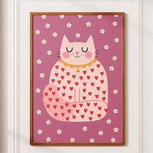 Happy Cat Print, Pink Cat with Hearts Poster, Cute Girls Nursery Wall Art, Whimsical Kids Room Decor, Folk Art Kitten Illustration