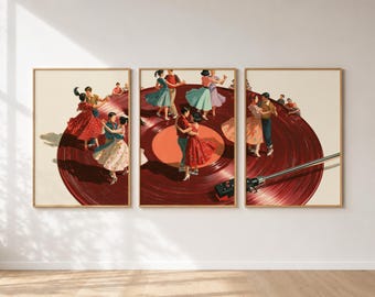 Dreiteiliges Wandbild, Vinyl-Schallplatten-Poster-Set (3 Poster), tanzende Paare zu Rock ’n’ Roll der 1950er-Jahre, Musikdeko, Geschenk zum Elternjubiläum oder zu Weihnachten