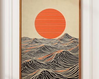 Lámina decorativa de pared "Sol y olas" – Póster minimalista moderno del océano, obra de arte abstracta de estilo japonés, decoración contemporánea y llamativa para el hogar.