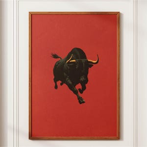 Black Bull Poster, Masculine Wall Art, Charging Bull Print, Red and Black Statement Art, Vintage Style Painting, Taurus Gift for Him