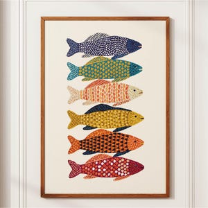Colorful Striped Fish Poster, Retro Coastal Kitchen Wall Art, Stacked Folk Art Fish Print, Boho Maximalist Bathroom Beach House Decor