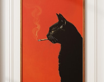 Schwarze Katze raucht Zigarette, Vintage-Poster, Retro-Kunst, verspielter Druck, lustiges Tier-Wanddekor-Poster für Barwagen, skurrile Küchenwandkunst