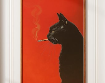 Black Cat Smoking a Cigarette, Vintage Poster Art Retro Whimsical Print Funny Animal Wall Decor Poster for Bar Cart Quirky Kitchen Wall Art