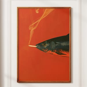 Fish Smoking a Cigarette, Vintage Poster Art Retro Whimsical Print Funny Animal Wall Decor Poster for Bar Cart Quirky Kitchen Wall Art