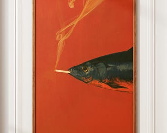 Fish Smoking a Cigarette, Vintage Poster Art Retro Whimsical Print Funny Animal Wall Decor Poster for Bar Cart Quirky Kitchen Wall Art