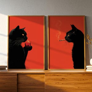 Black Cat Set of 2 Prints, Smoking Cat & Cocktail Cat Wall Art, Funny Bar Cart Poster, Moody Kitchen Decor, Cool Cat Gift, Diptych Wall Art