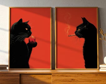 Black Cat Set of 2 Prints, Smoking Cat & Cocktail Cat Wall Art, Funny Bar Cart Poster, Moody Kitchen Decor, Cool Cat Gift, Diptych Wall Art