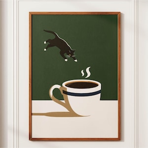 Coffee Poster Black Cat Diving Into Espresso Cup, Funny Cat Kitchen Print, Green Coffee Bar Wall Decor, Retro Cat Lover Gift, Cafe Art
