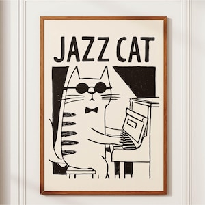 Jazz Cat Piano Print, Art Deco Naive Music Room Wall Art, Cool Cat Jazz Club Poster, Funny Cat Lover Gift, Black White Retro New York