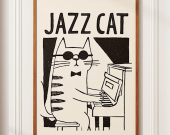 Jazz Cat Piano Print, Art Deco Naive Music Room Wall Art, Cool Cat Jazz Club Poster, Funny Cat Lover Gift, Black White Retro New York