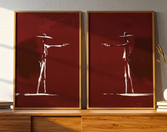 Juego de 2 láminas de arte mural color burdeos, póster de duelo entre vaqueros y pistoleros, láminas góticas del oeste en rojo intenso, decoración minimalista y sombría para la sala de estar.