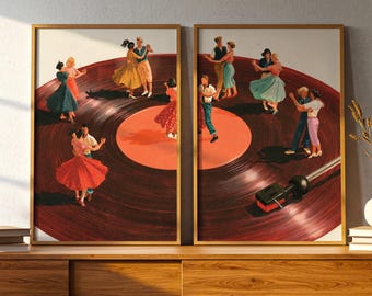 Retro Vinyl Poster Set of 2, Large Vinyl Record Wall Art, Tiny 1950s Rockabilly Swing Dancing Couples, Music Lover Gifts, Housewarming Gift