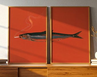 Sardinen-Poster-Set (2-teilig), Diptychon mit räucherndem Fisch, witziger Retro-Zigaretten-Druck, rote, eklektische Wandkunst für Küche, Bar und Esszimmer