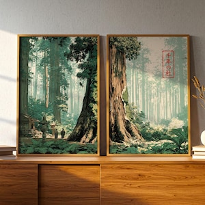 Peut inclure: Un ensemble d'art mural en diptyque représentant une forêt avec des arbres imposants, des fougères vert luxuriant et un petit sanctuaire. Le panneau de droite affiche un tampon rectangulaire rouge avec du texte japonais. Palette de tons verts et bruns.